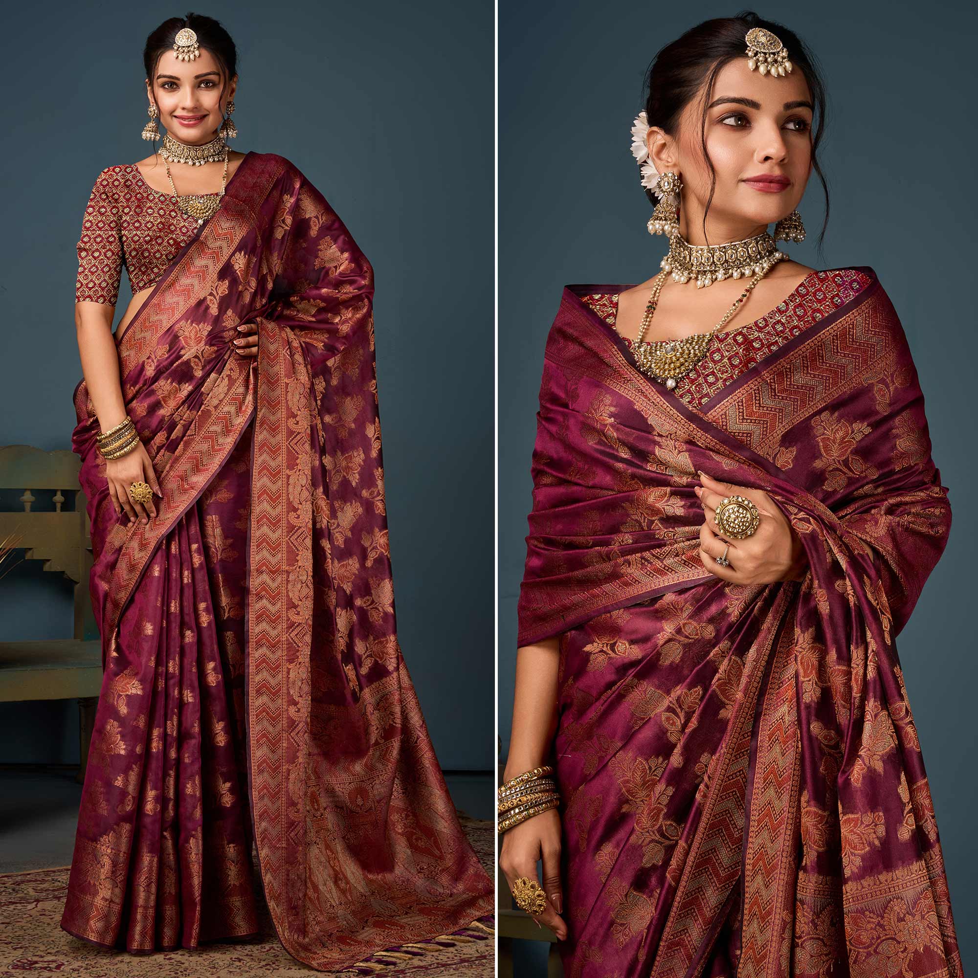 Wine Floral Woven Organza Saree With Tassels