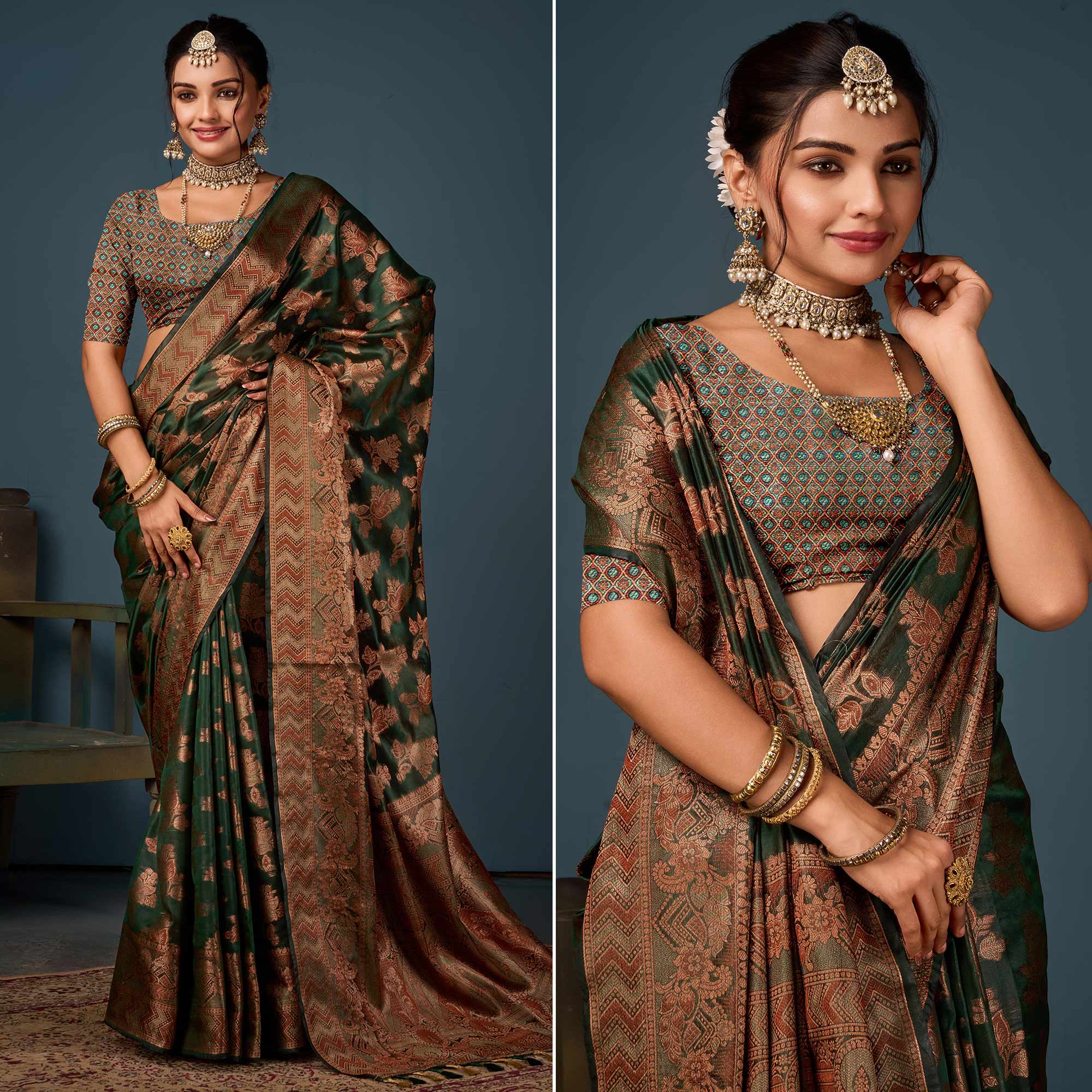 Bottle Green Floral Woven Organza Saree With Tassels