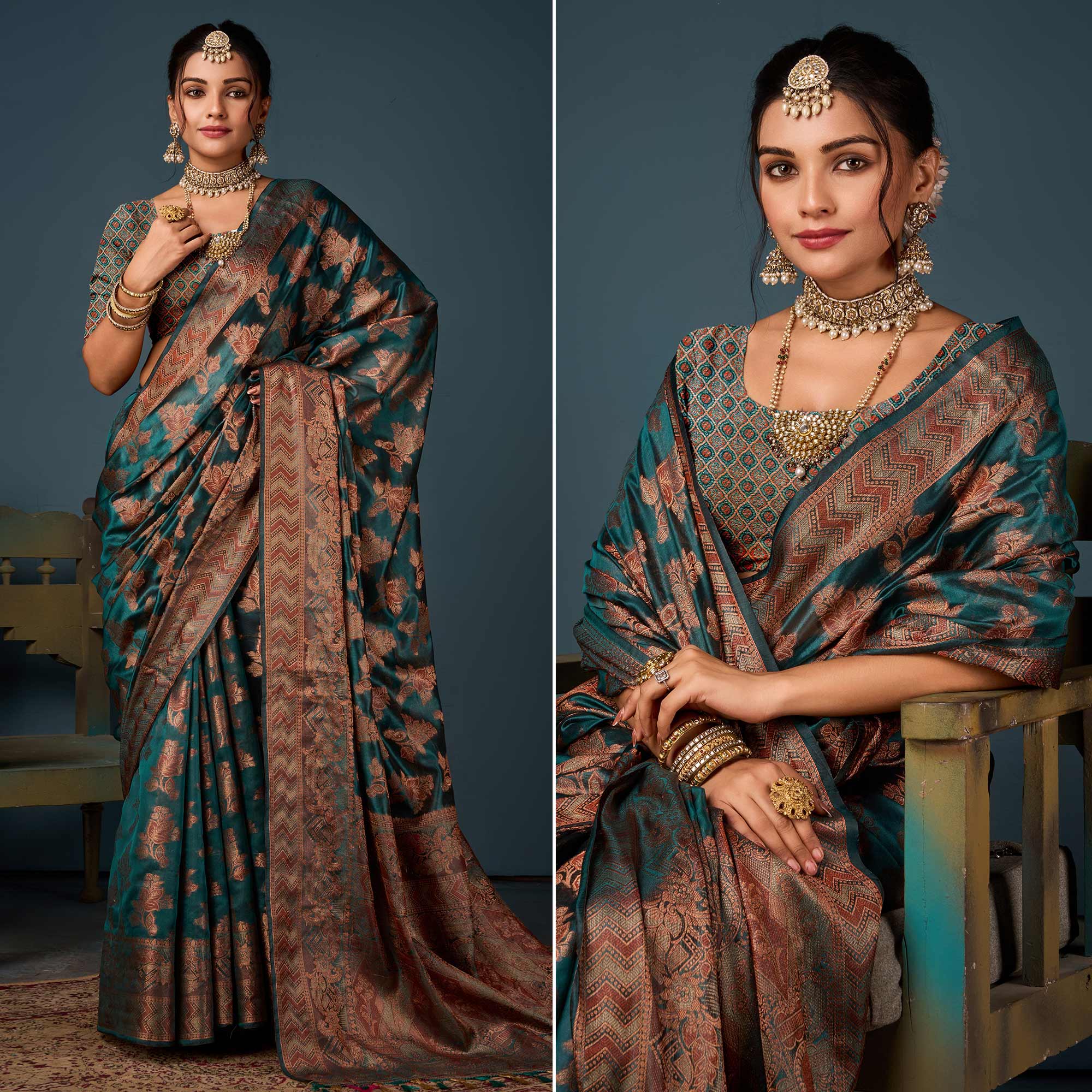 Rama Green Floral Woven Organza Saree With Tassels