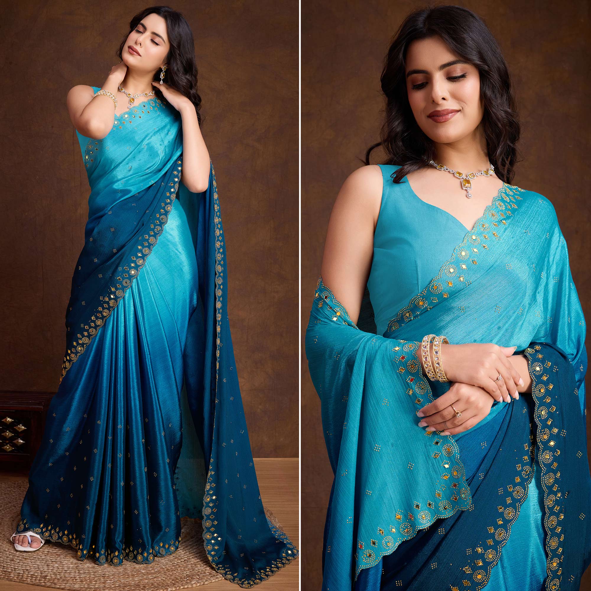 Blue Ombre Chinon Saree With Mirror Border