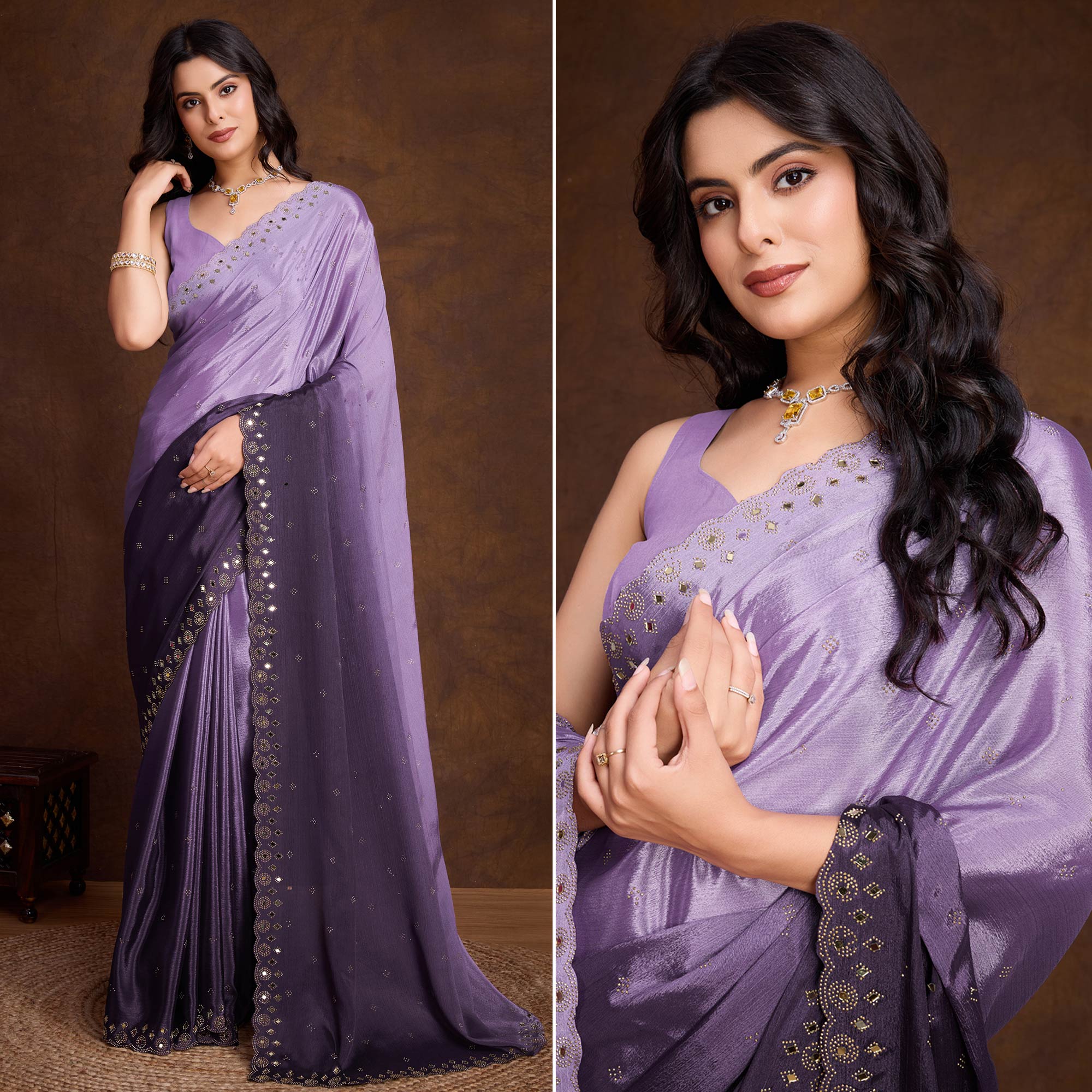 Lavender Ombre Chinon Saree With Mirror Border