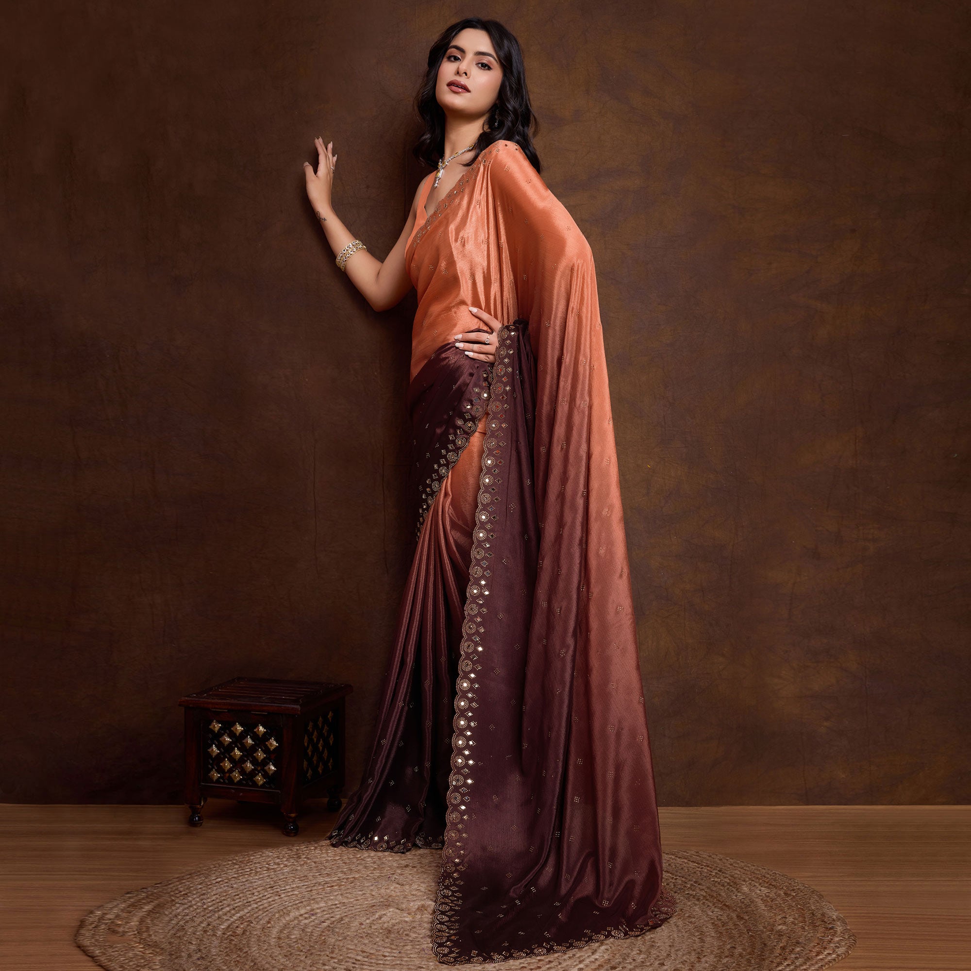 Orange & Brown Ombre Chinon Saree With Mirror Border