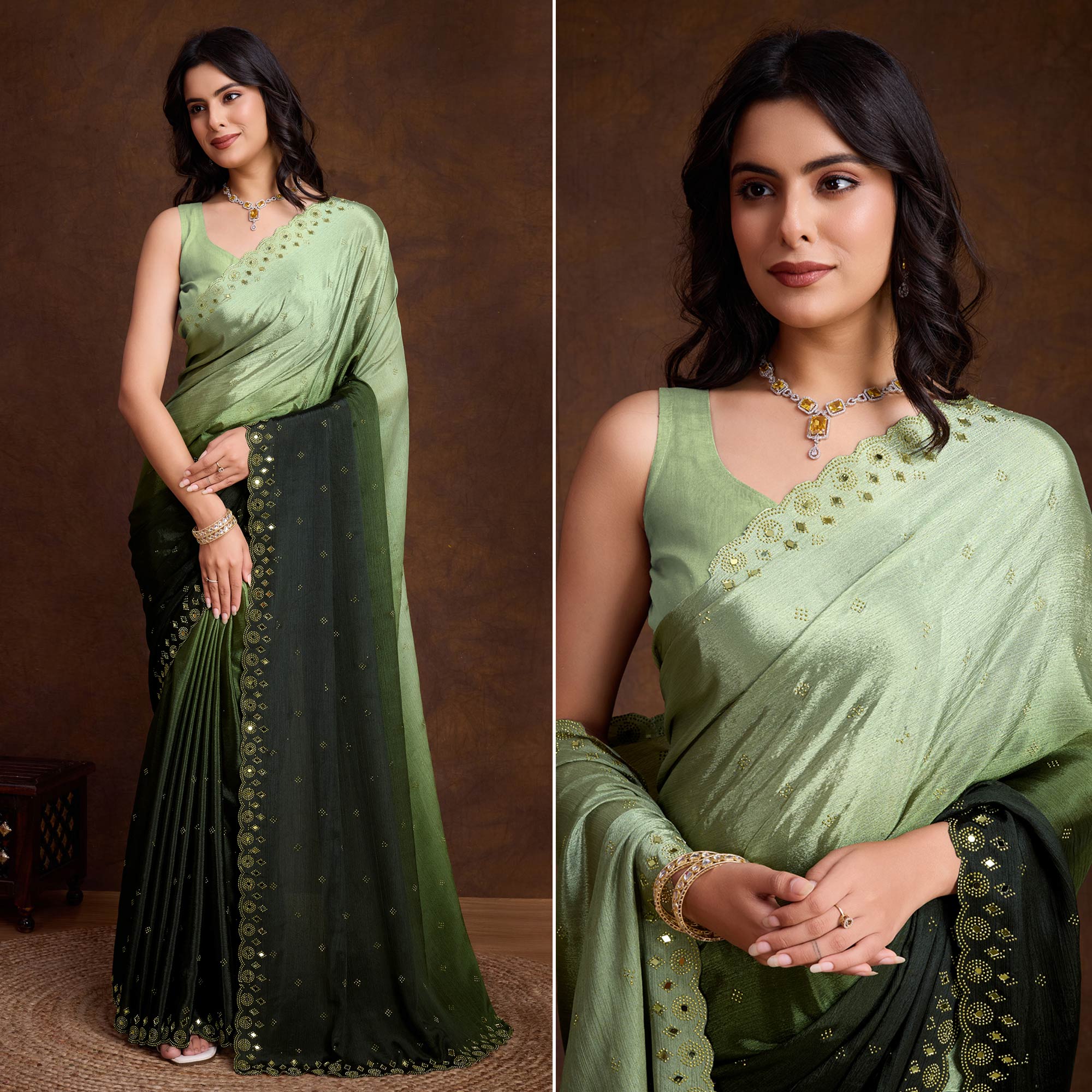 Green Ombre Chinon Saree With Mirror Border