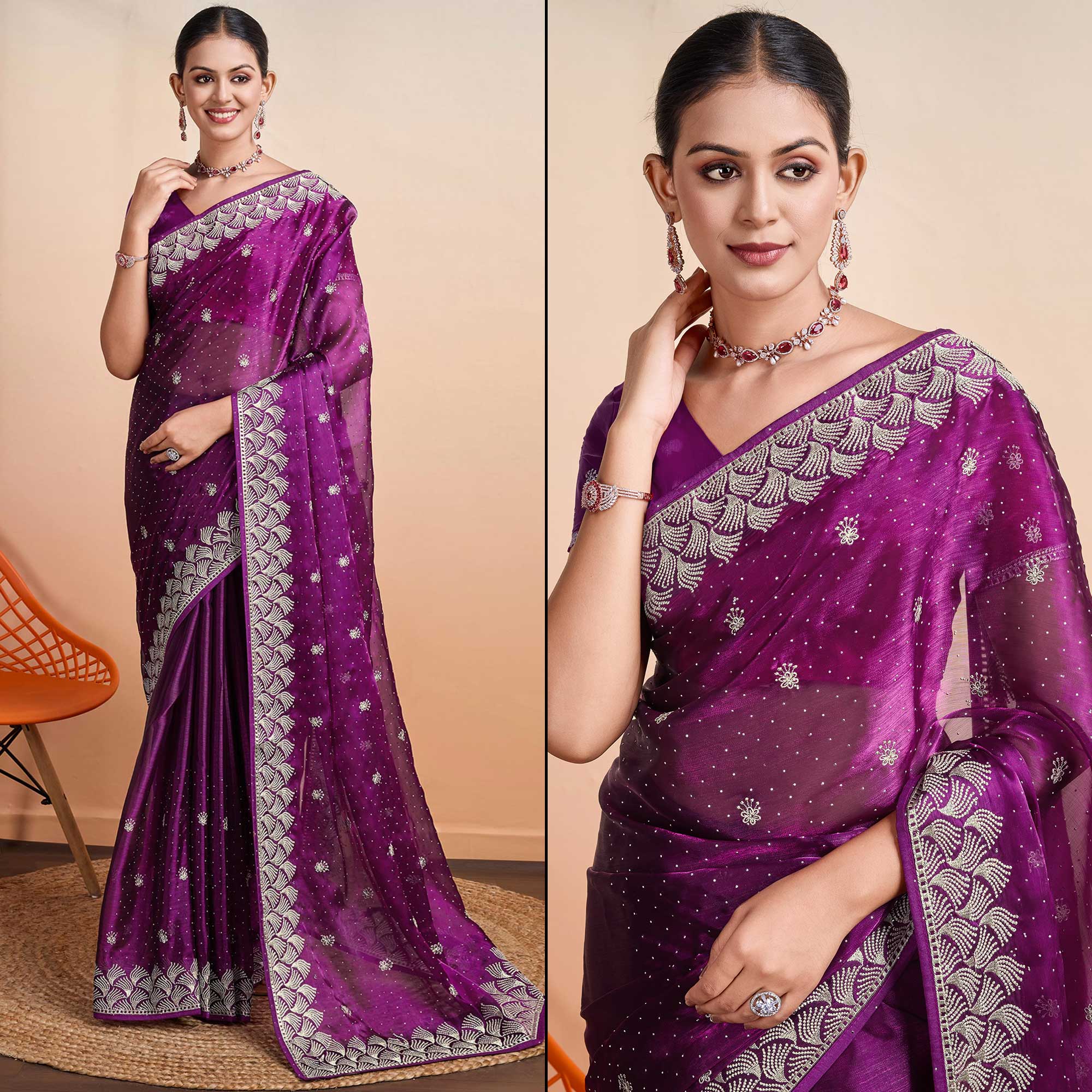 Purple Embroidered Tussar Silk Saree