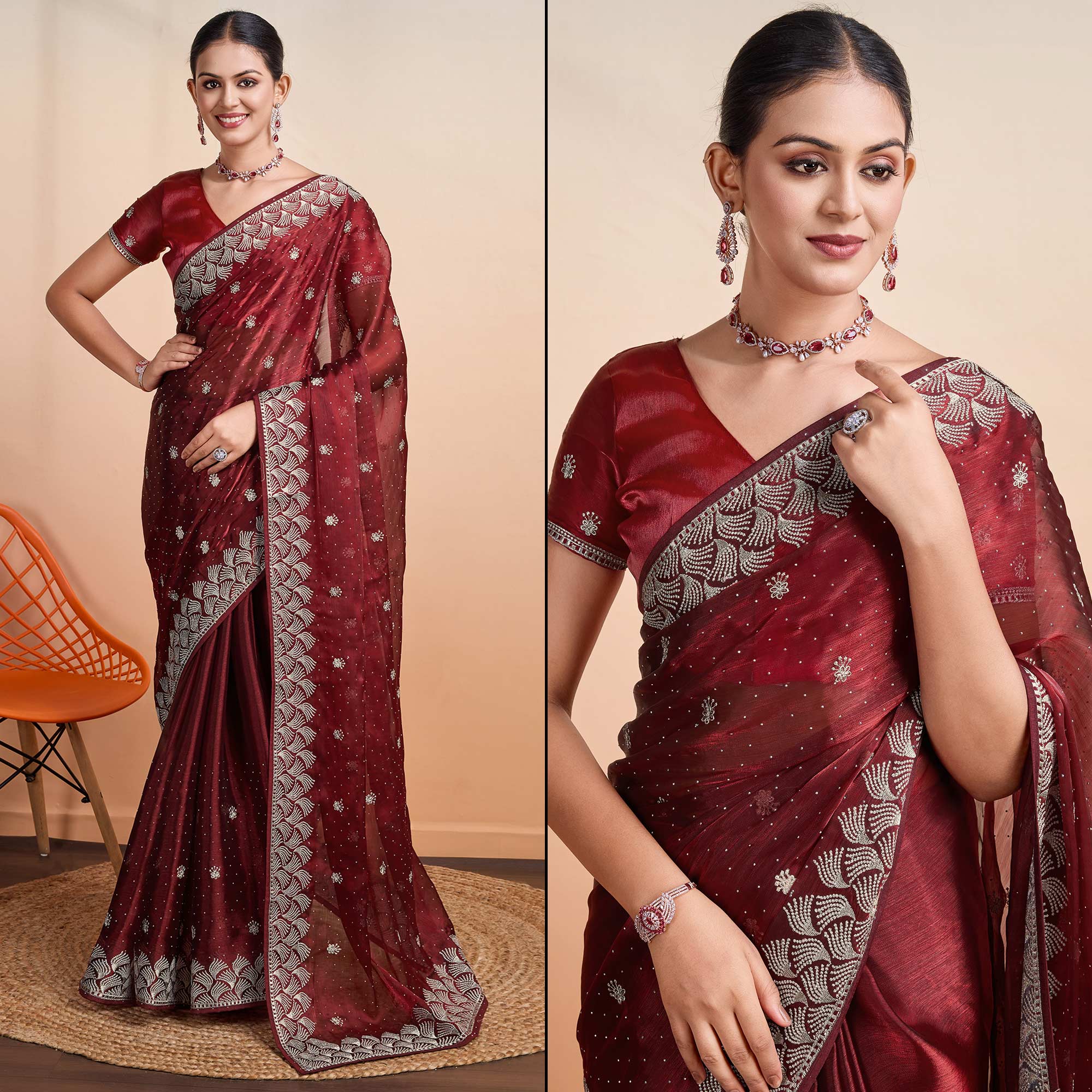 Wine Embroidered Tussar Silk Saree