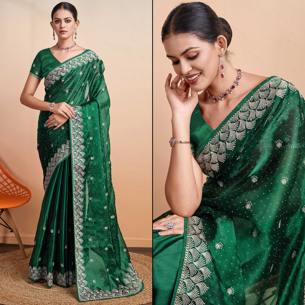 Green Embroidered Tussar Silk Saree - Image 1