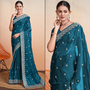 Teal Embroidered Tussar Silk Saree
