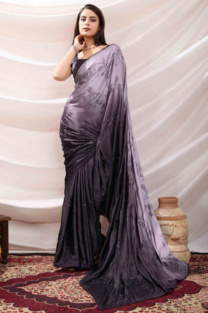 Purple Floral Swarovski Work Satin Saree