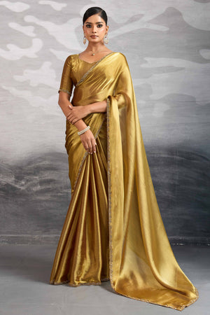 Solid Gold Chiffon Saree Featuring Beads Embellished Border