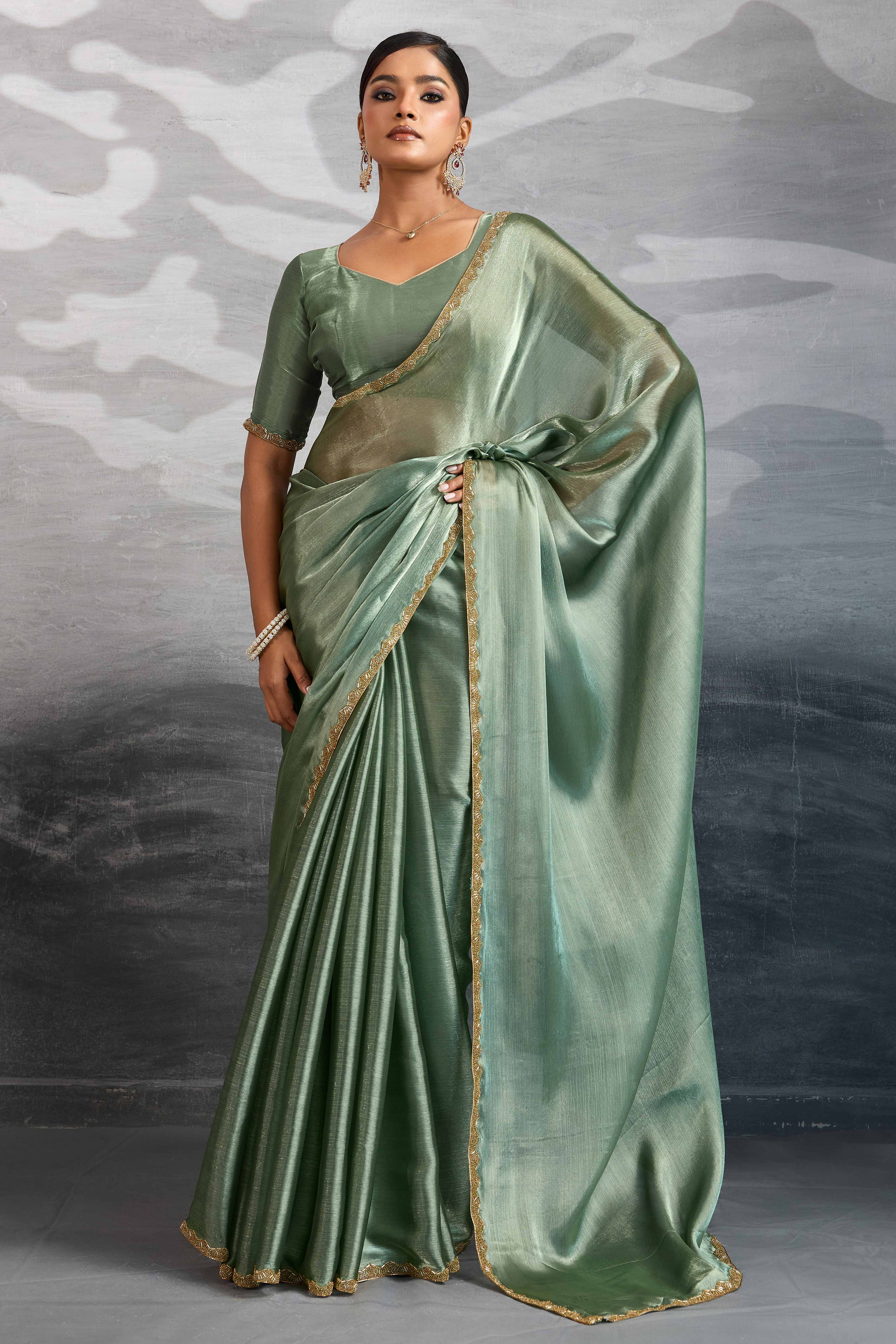Solid Sage Green Chiffon Saree Featuring Beads Embellished Border