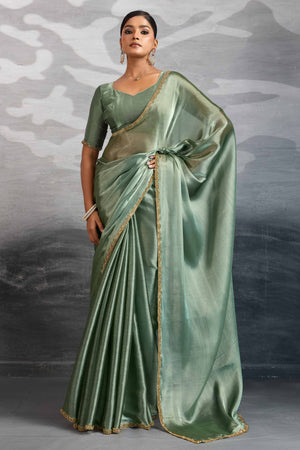 Solid Sage Green Chiffon Saree Featuring Beads Embellished Border