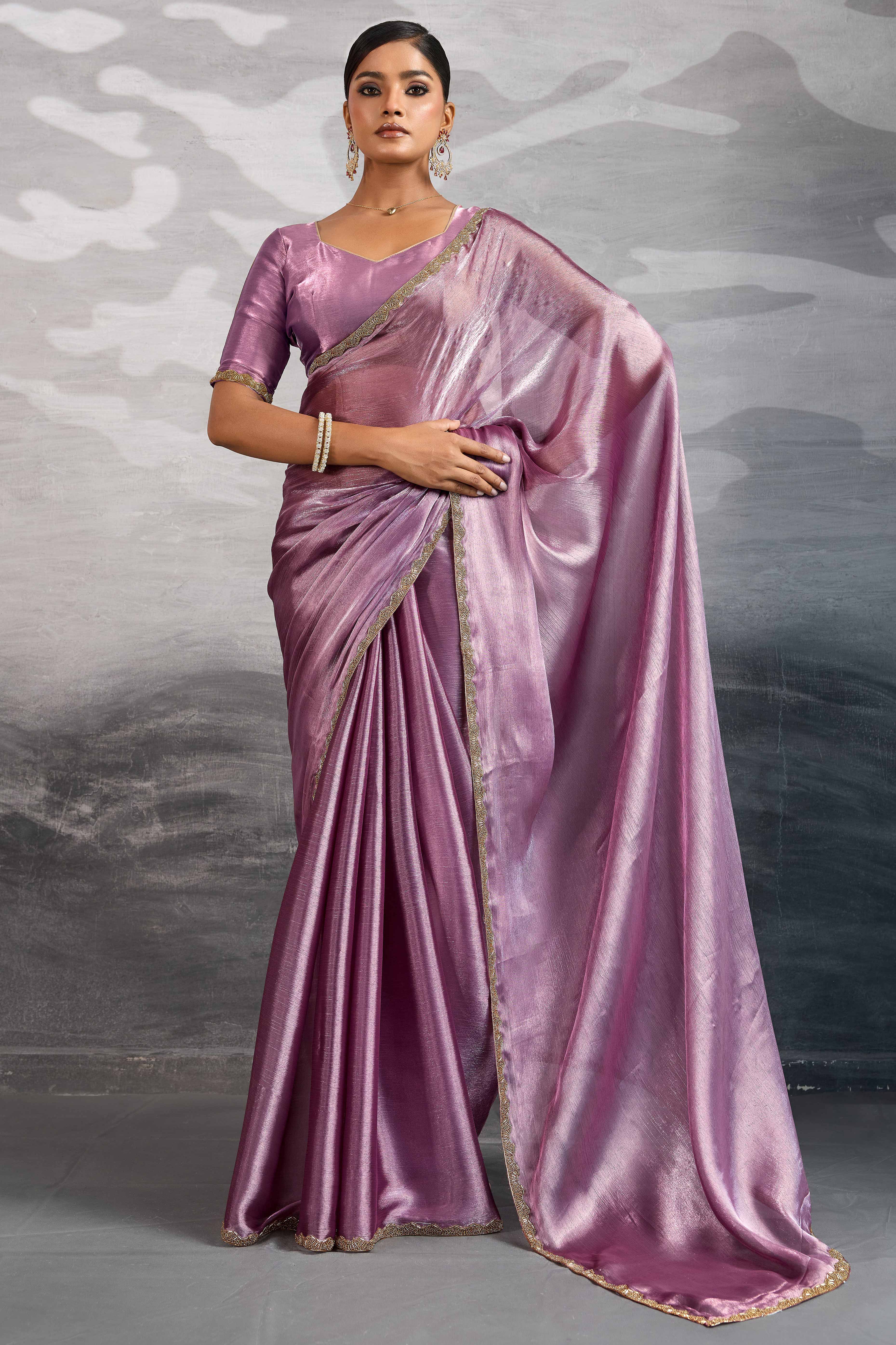 Solid Lilac Purple Chiffon Saree Featuring Beads Embellished Border