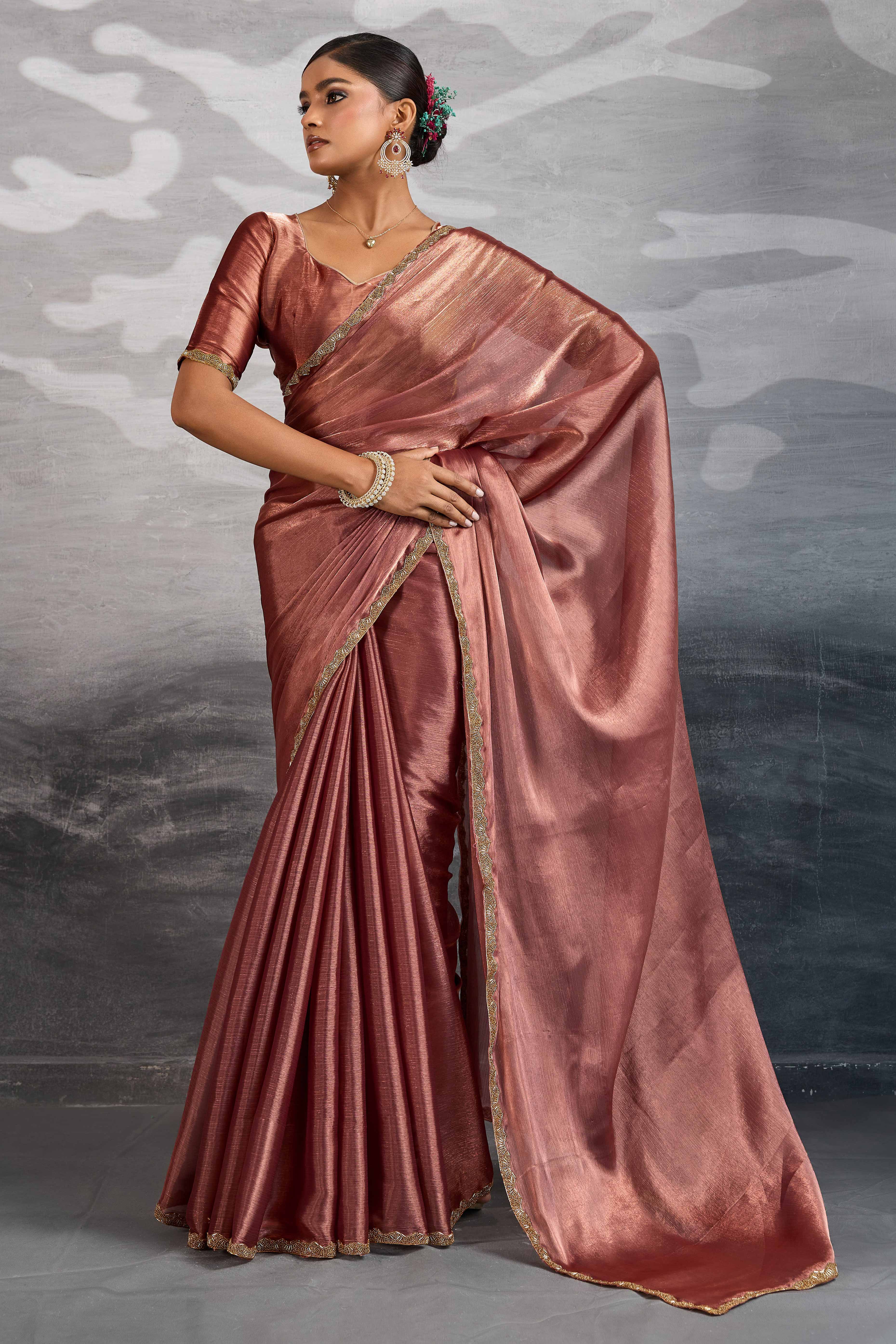 Solid Copper Red Chiffon Saree Featuring Beads Embellished Border