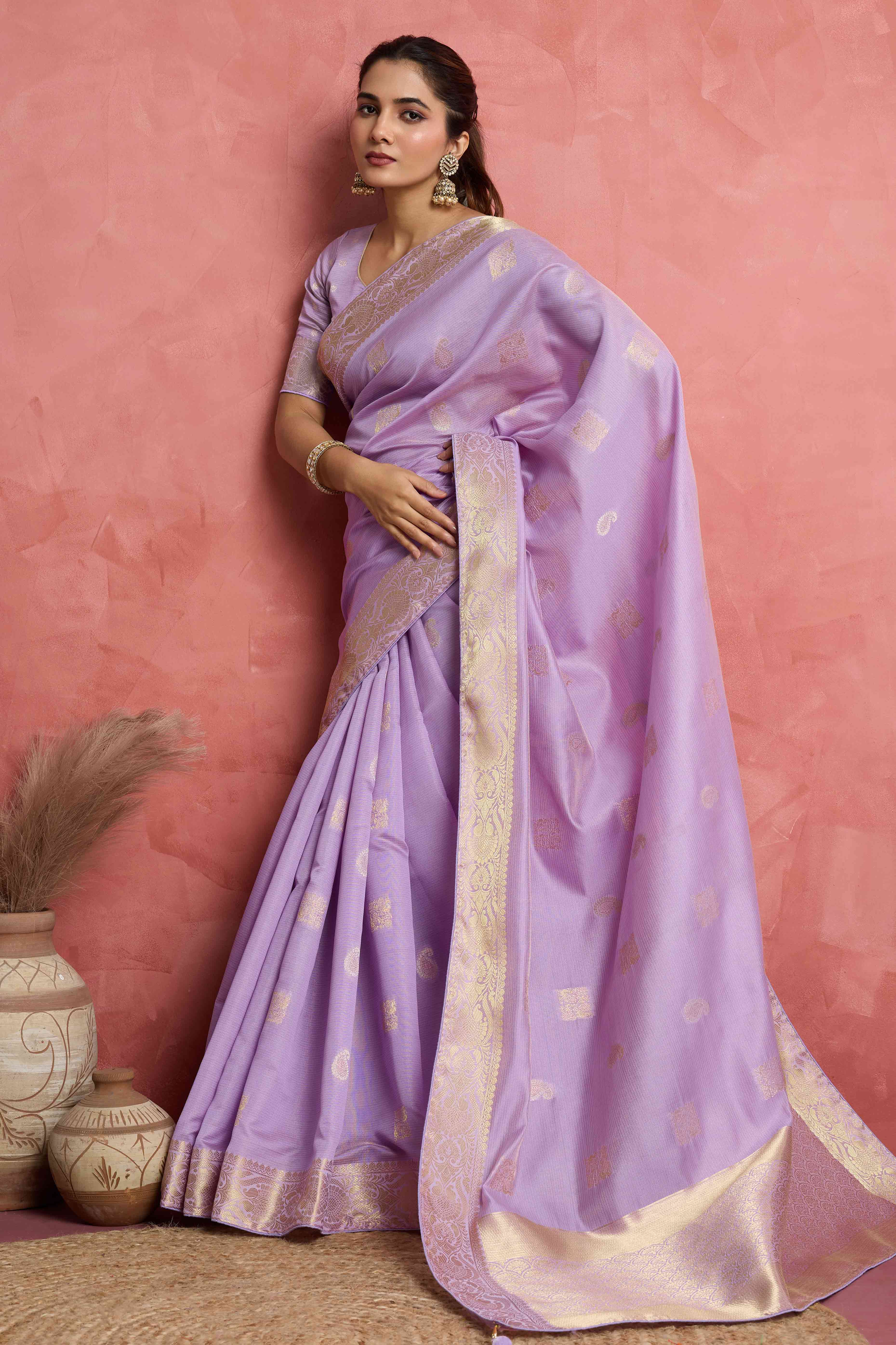 Contemporary Lavender Silk Blend Saree Flaunting Alternate Buttas With Piping & Tassel Accents