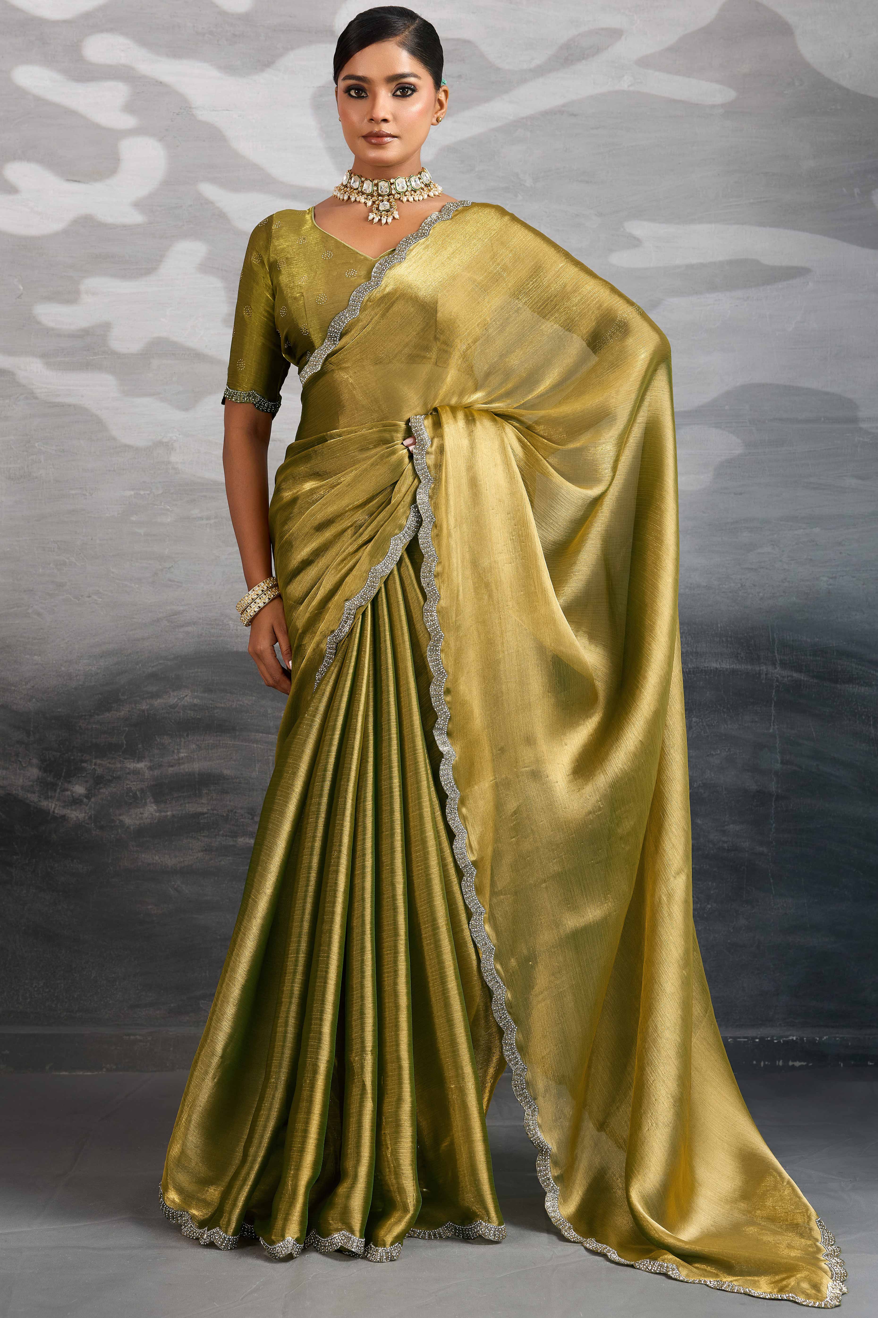 Gold Burberry Chiffon Saree Embellished With Zarkan & Cutdana Appliqué Lace Border