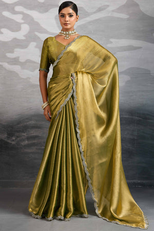 Gold Burberry Chiffon Saree Embellished With Zarkan & Cutdana Appliqué Lace Border
