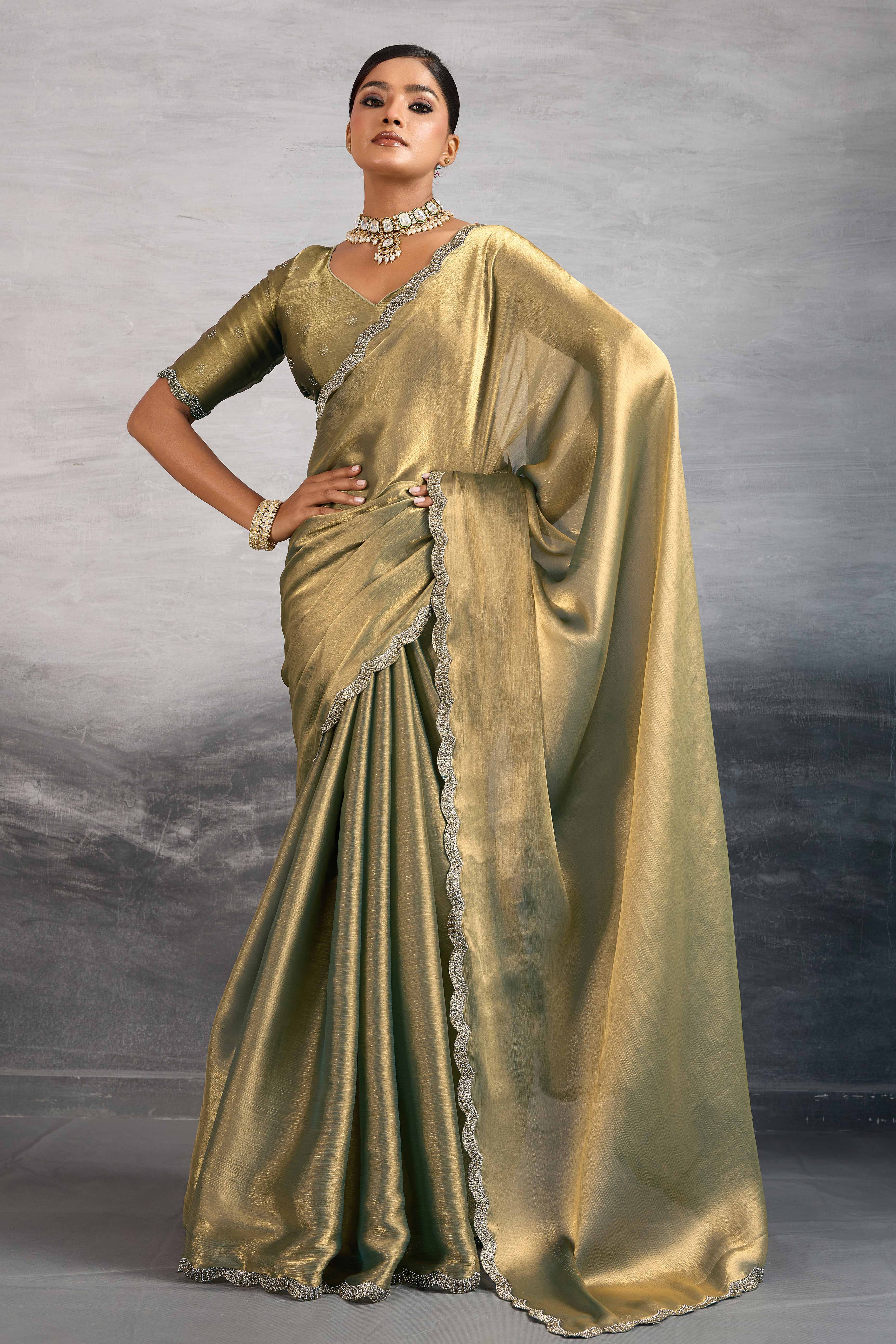 Grey Burberry Chiffon Saree Embellished With Zarkan & Cutdana Appliqué Lace Border