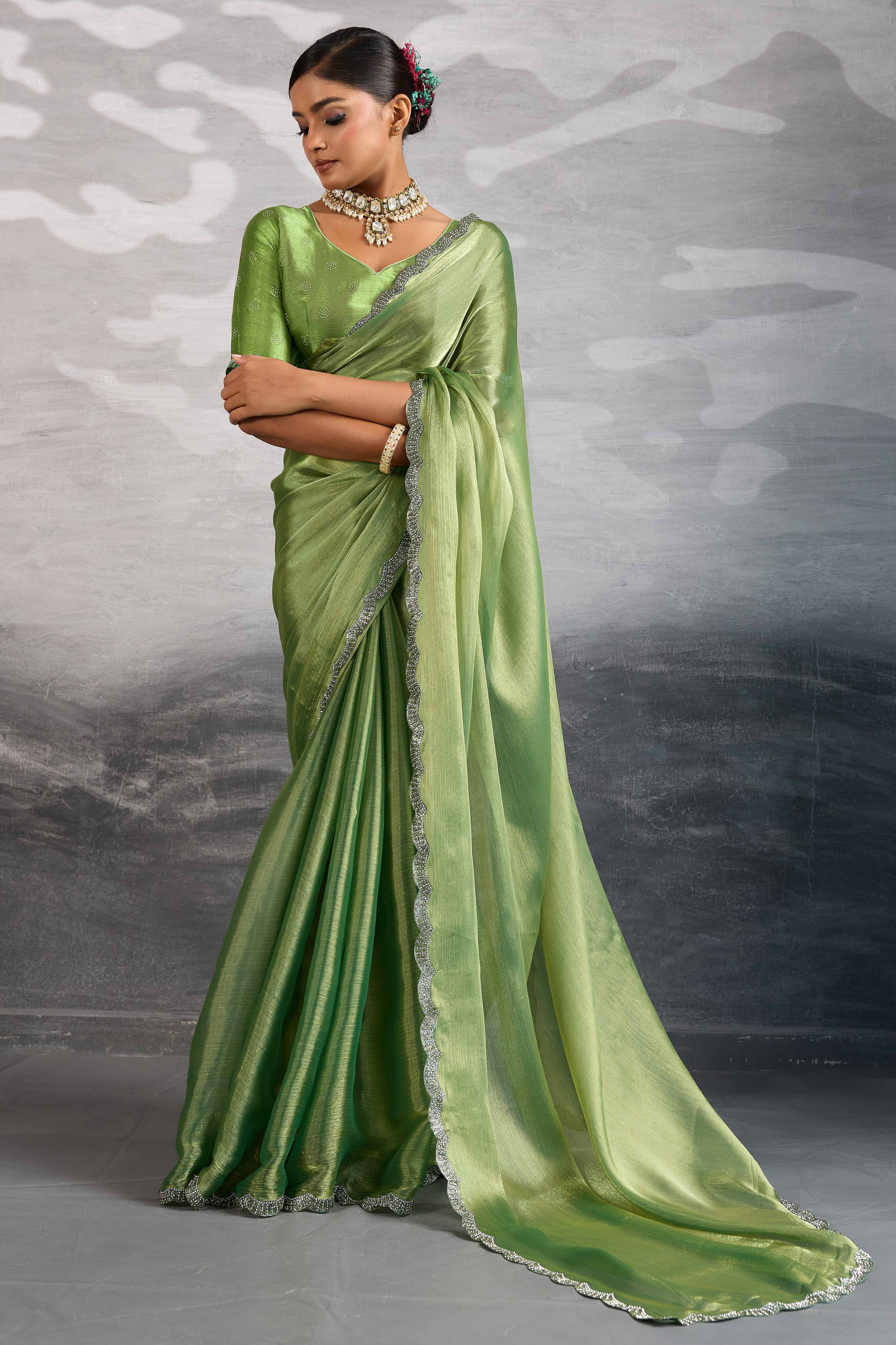 Green Burberry Chiffon Saree Embellished With Zarkan & Cutdana Appliqué Lace Border