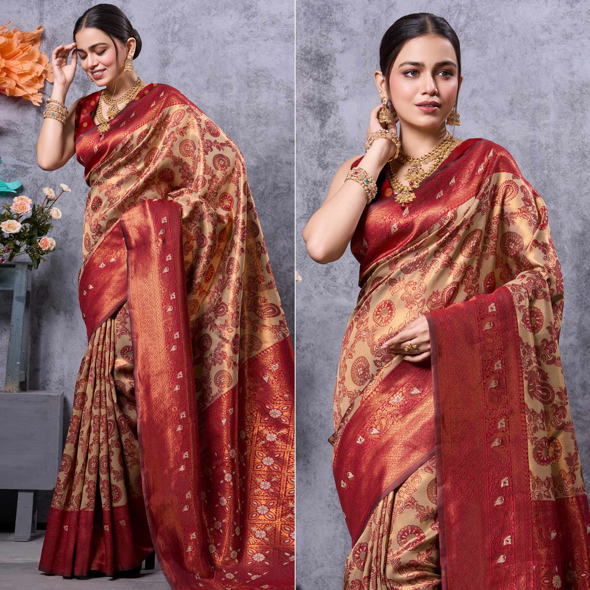 Women cream kanjivaram silk weaving wedding wear saree main image 1