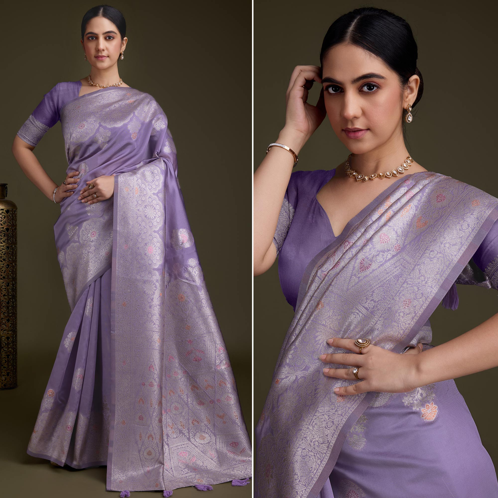 Lavender Floral Design Woven Banarasi Silk Saree