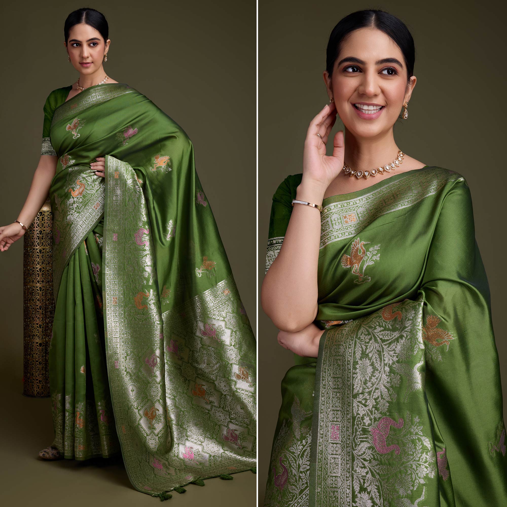 Green Floral Design Woven Banarasi Silk Saree