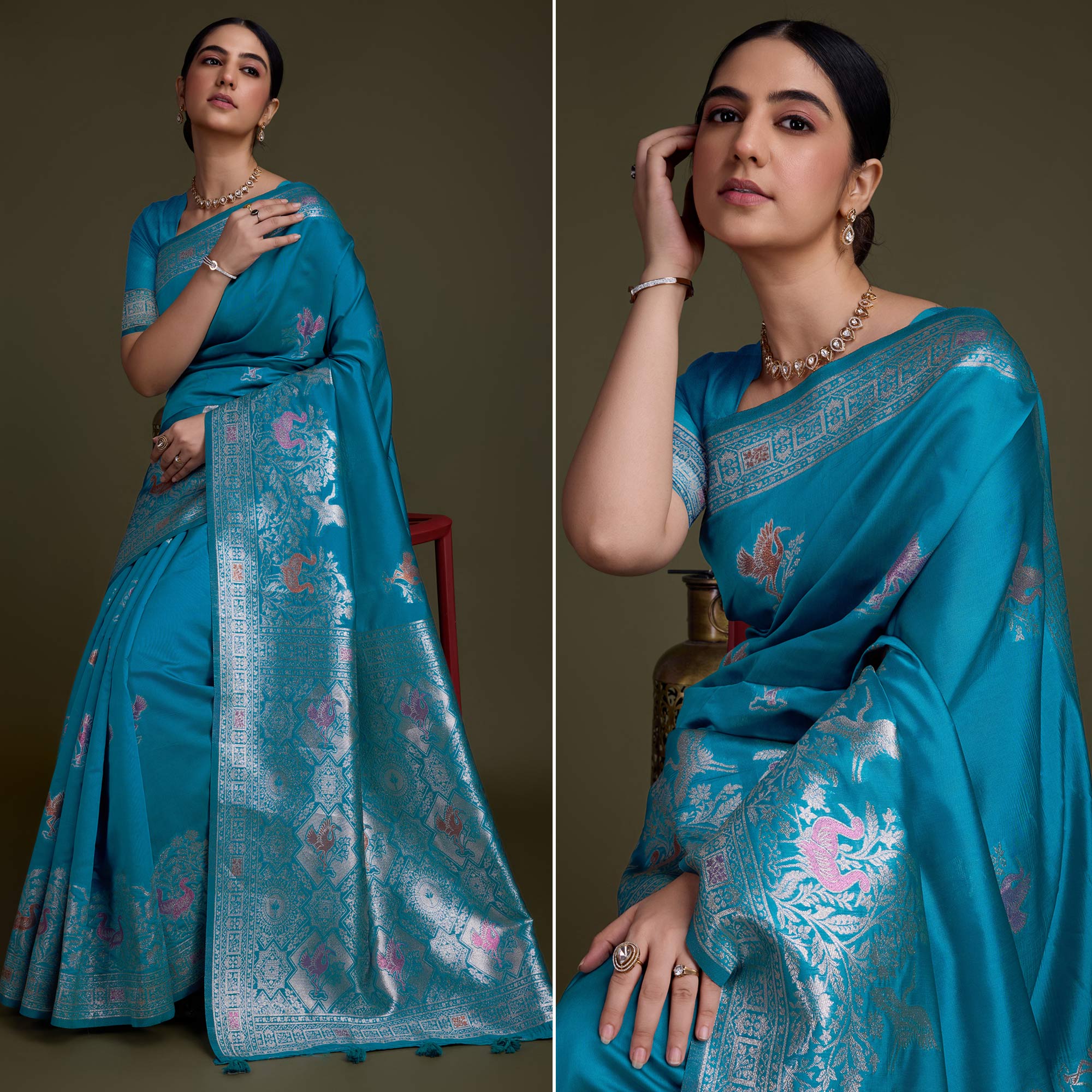 Blue Floral Design Woven Banarasi Silk Saree