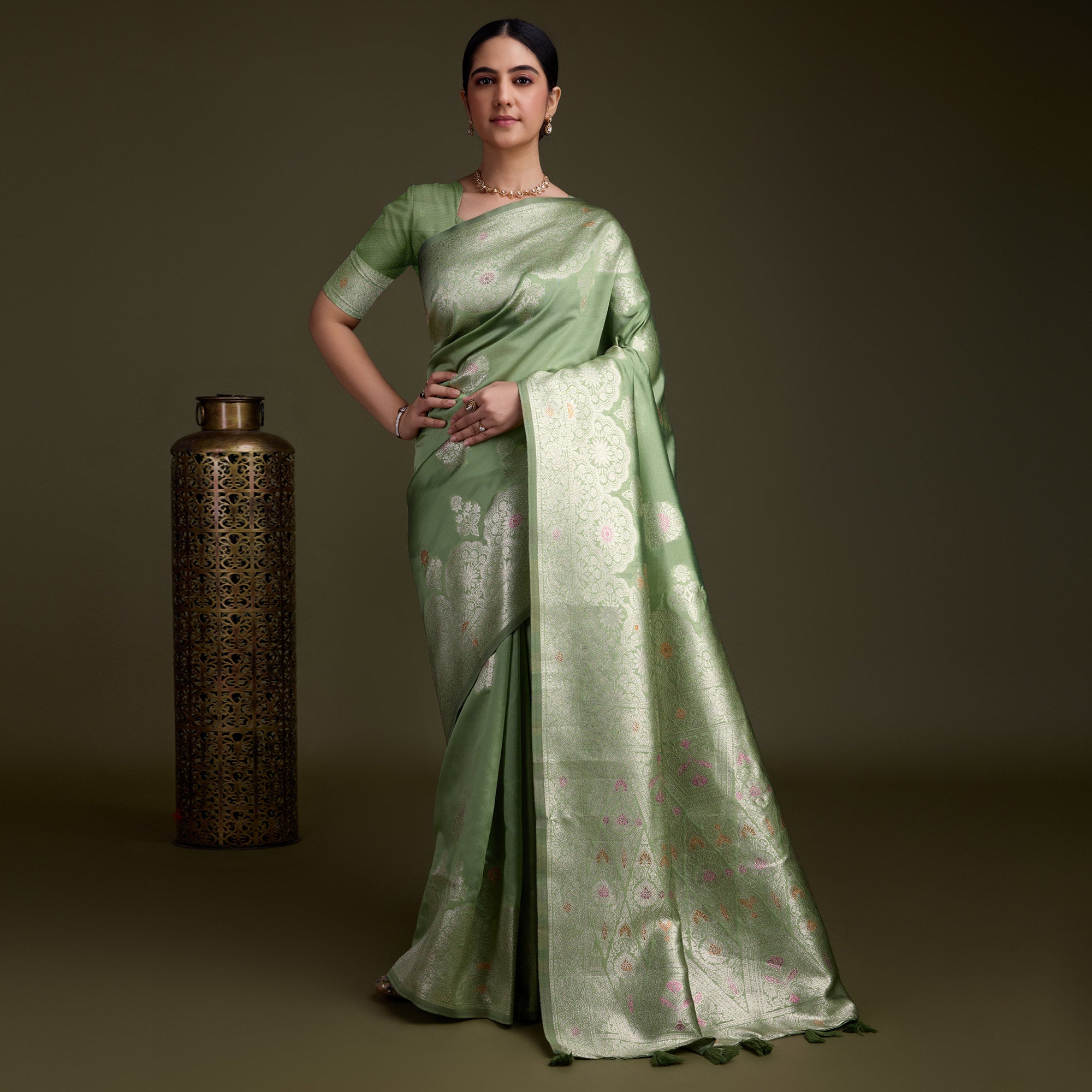 Dusty Green Floral Design Woven Banarasi Silk Saree