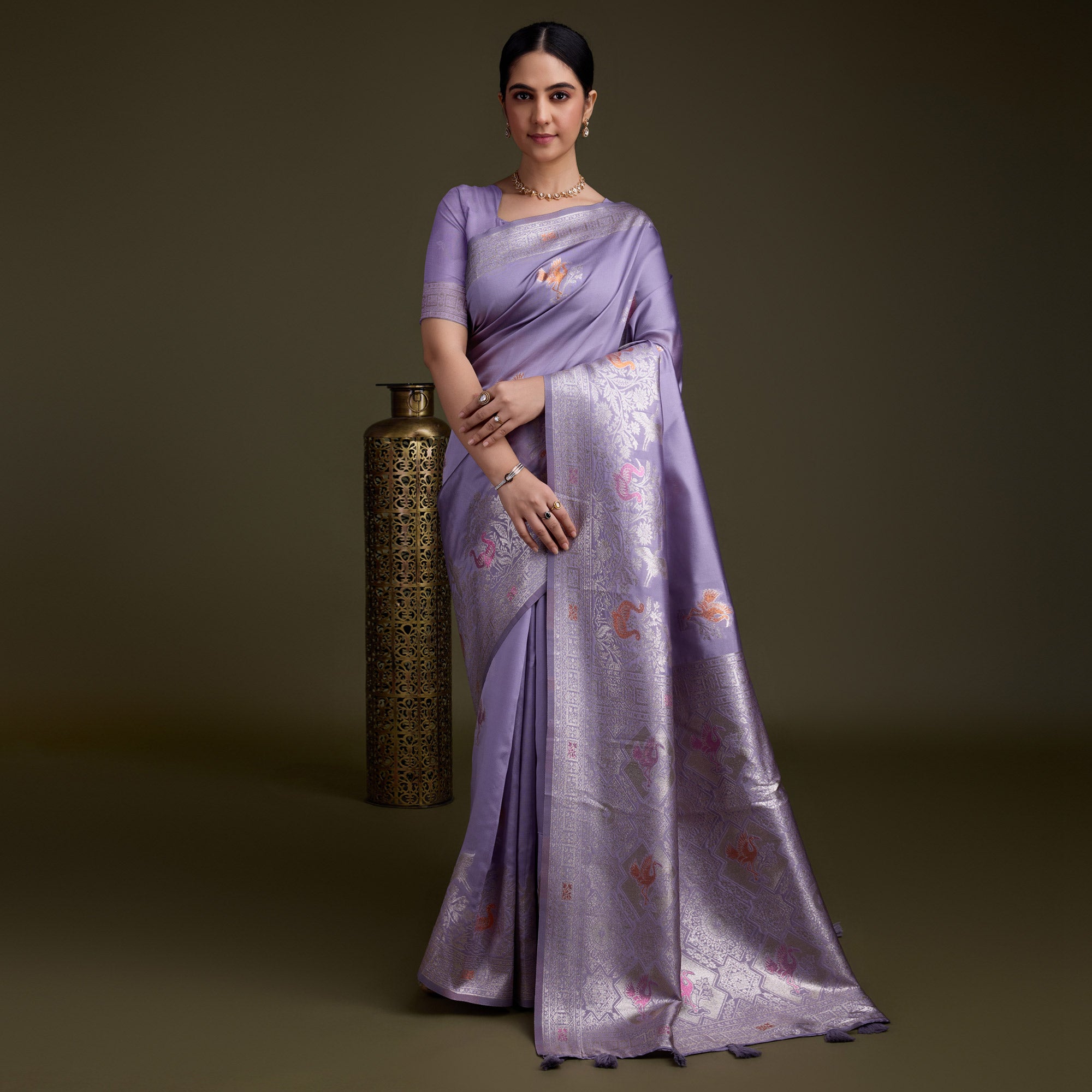 Light Purple Floral Design Woven Banarasi Silk Saree