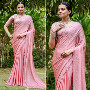Pink Embellished Satin Saree With Stones Work
