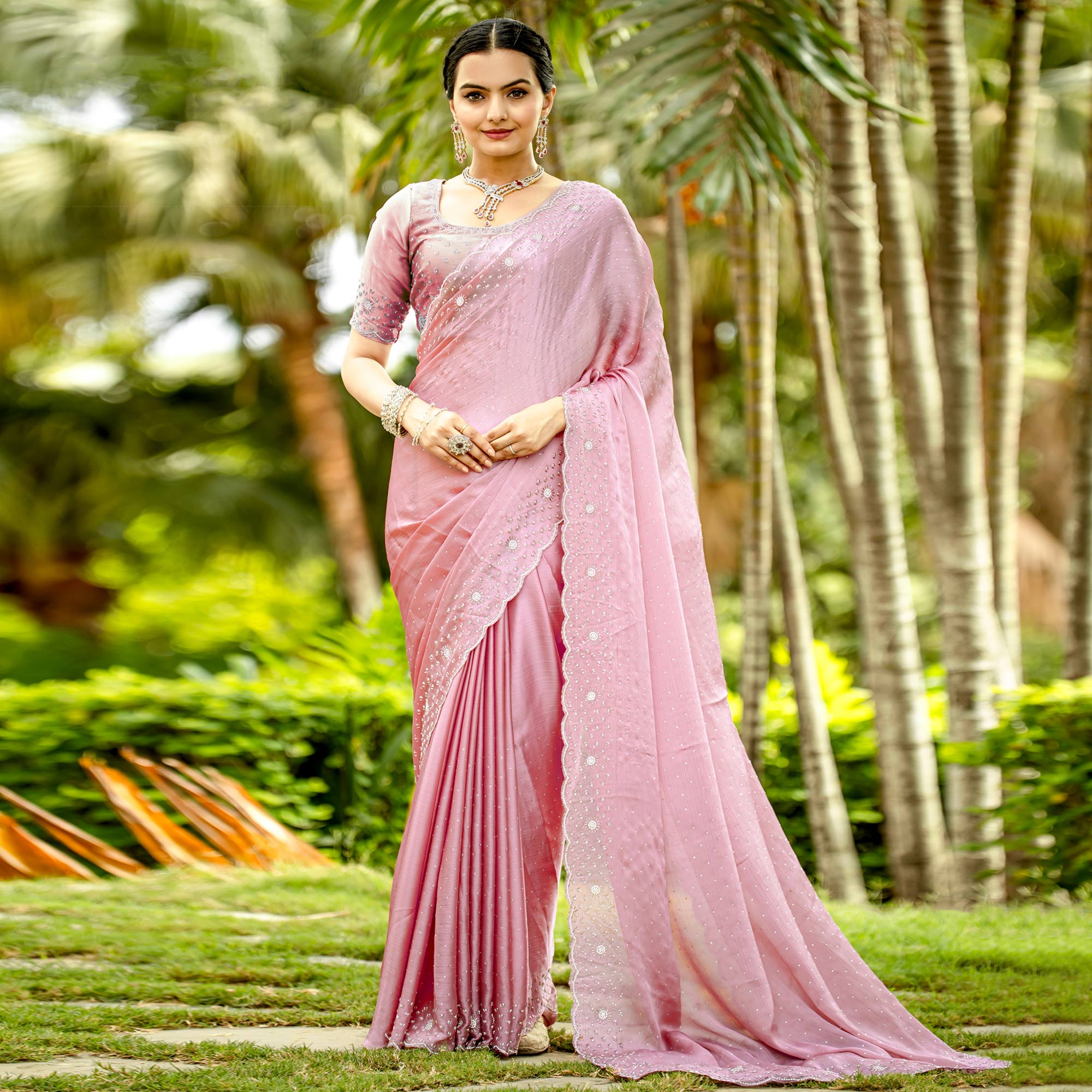 Dusty Pink Embellished Satin Saree With Stones Work