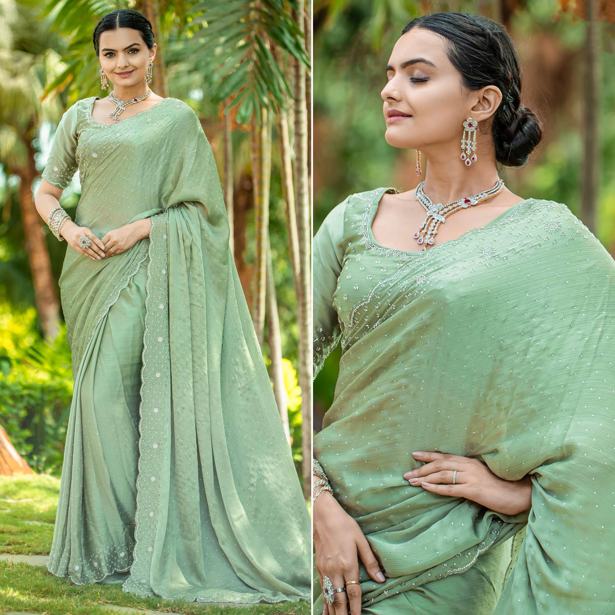 Green Embellished Satin Saree With Stones Work
