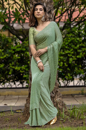 Ethereal Sage Green Satin Chiffon Saree with Handcrafted Sequin & Bead Detailing