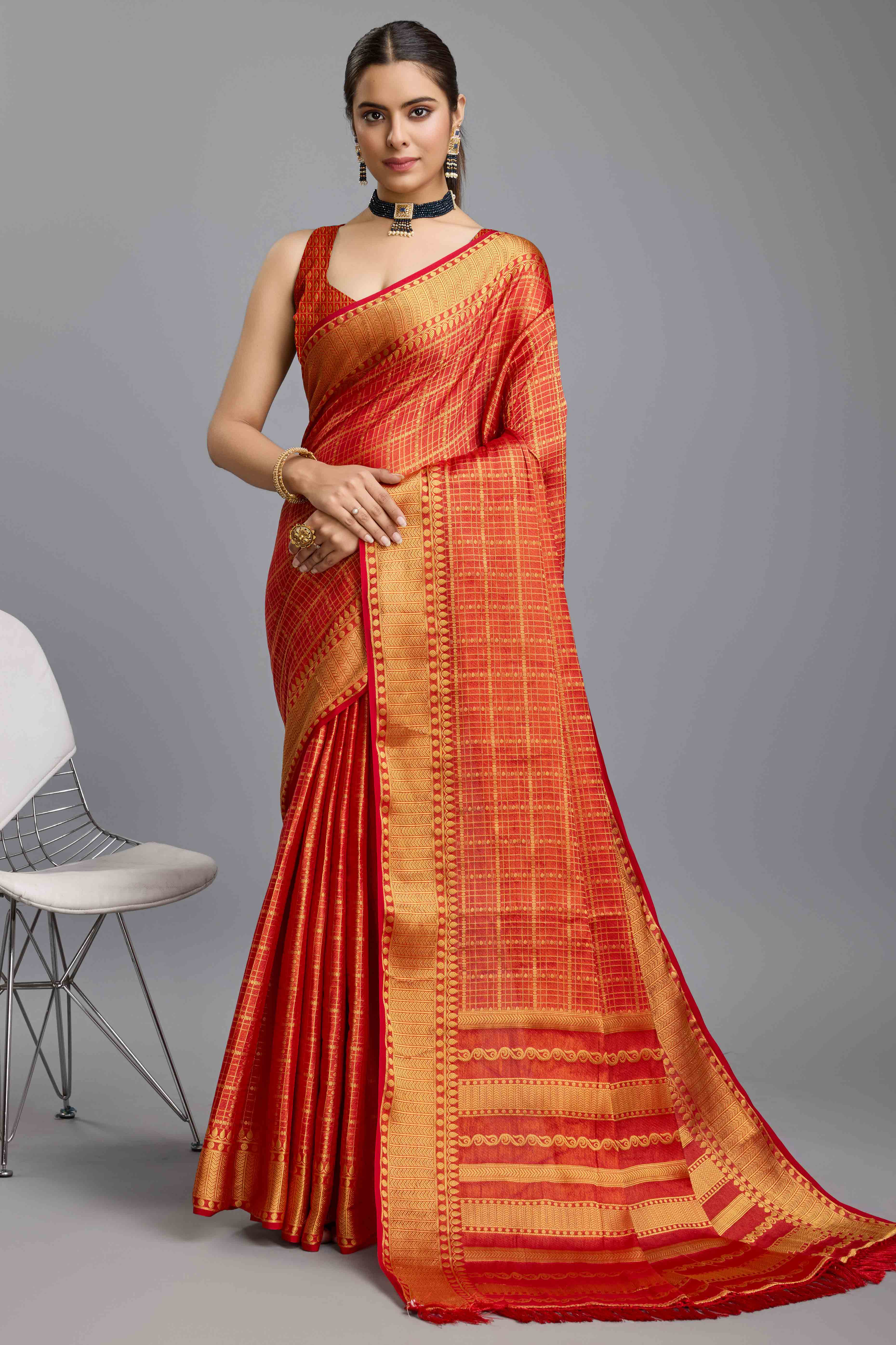 Red Brocade Zari Weaving Mysore Silk Saree