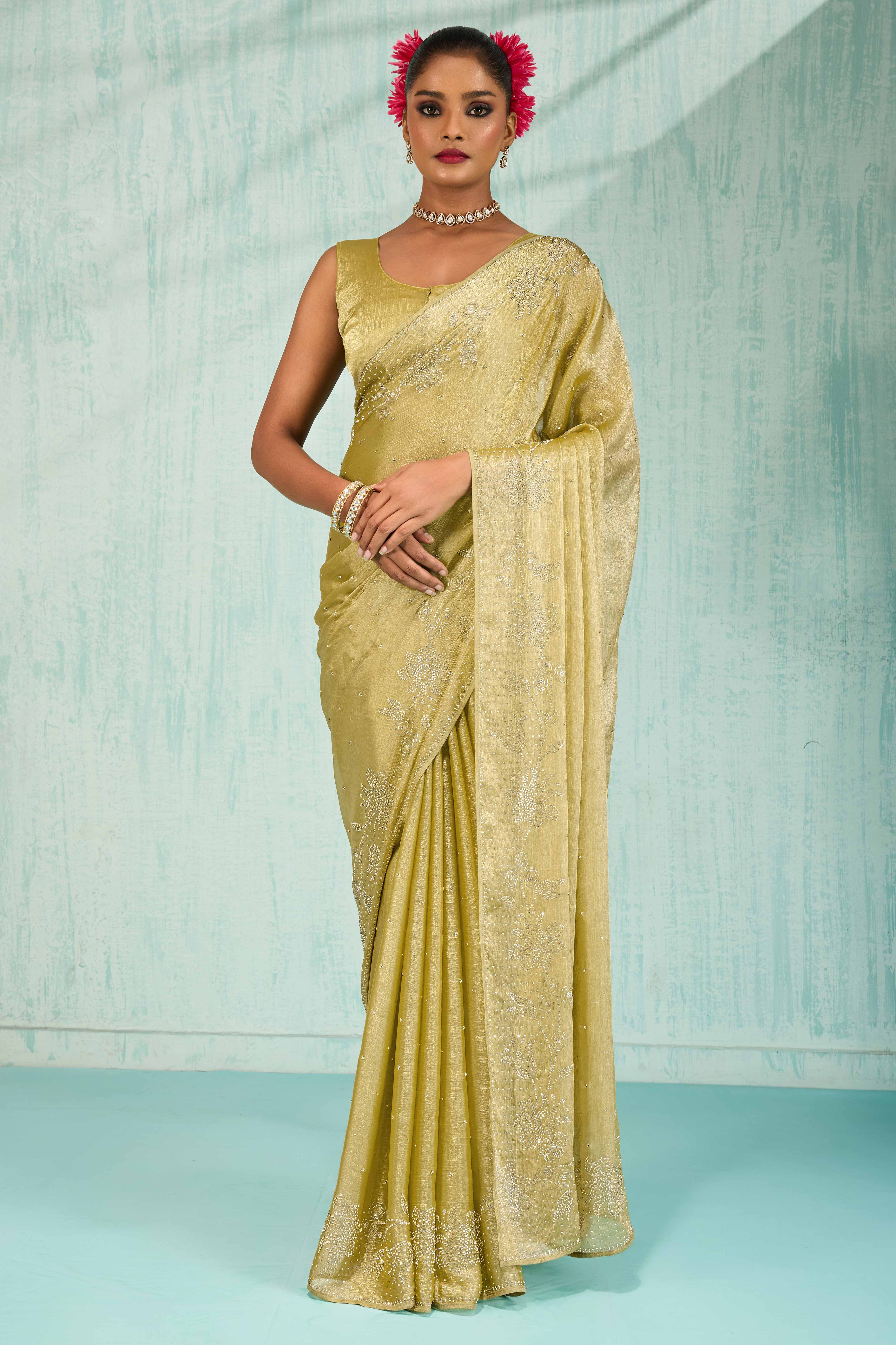 Elegant Party Wear Saree in Olive Chiffon with Stone Embellishment