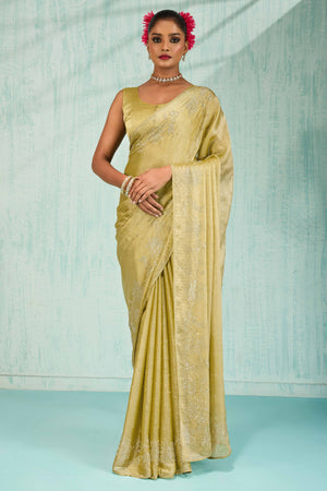 Elegant Party Wear Saree in Olive Chiffon with Stone Embellishment