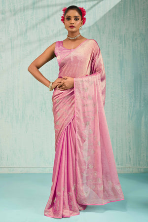 Elegant Party Wear Saree in Pink Chiffon with Stone Embellishment