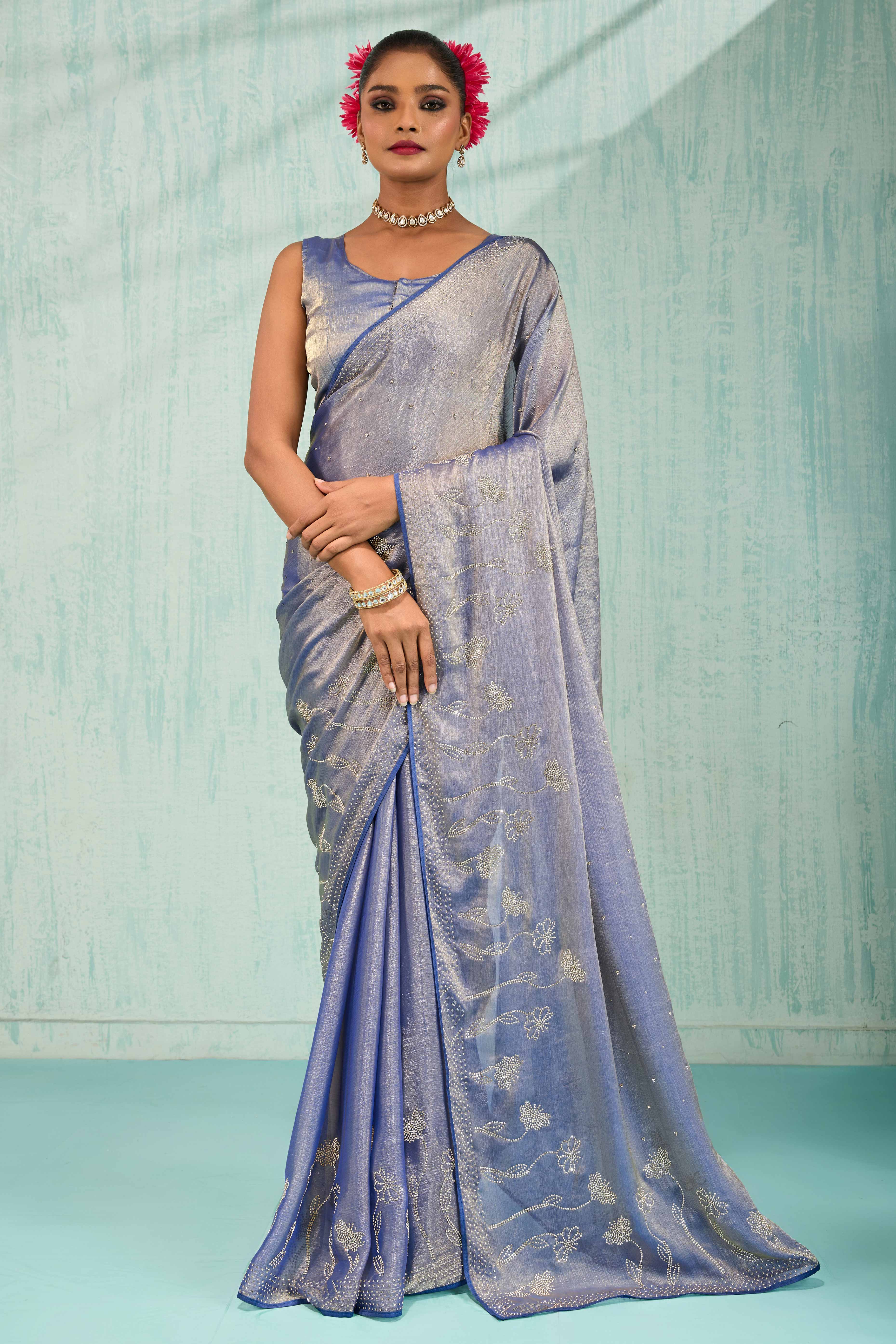 Elegant Party Wear Saree in Lavender Chiffon with Stone Embellishment