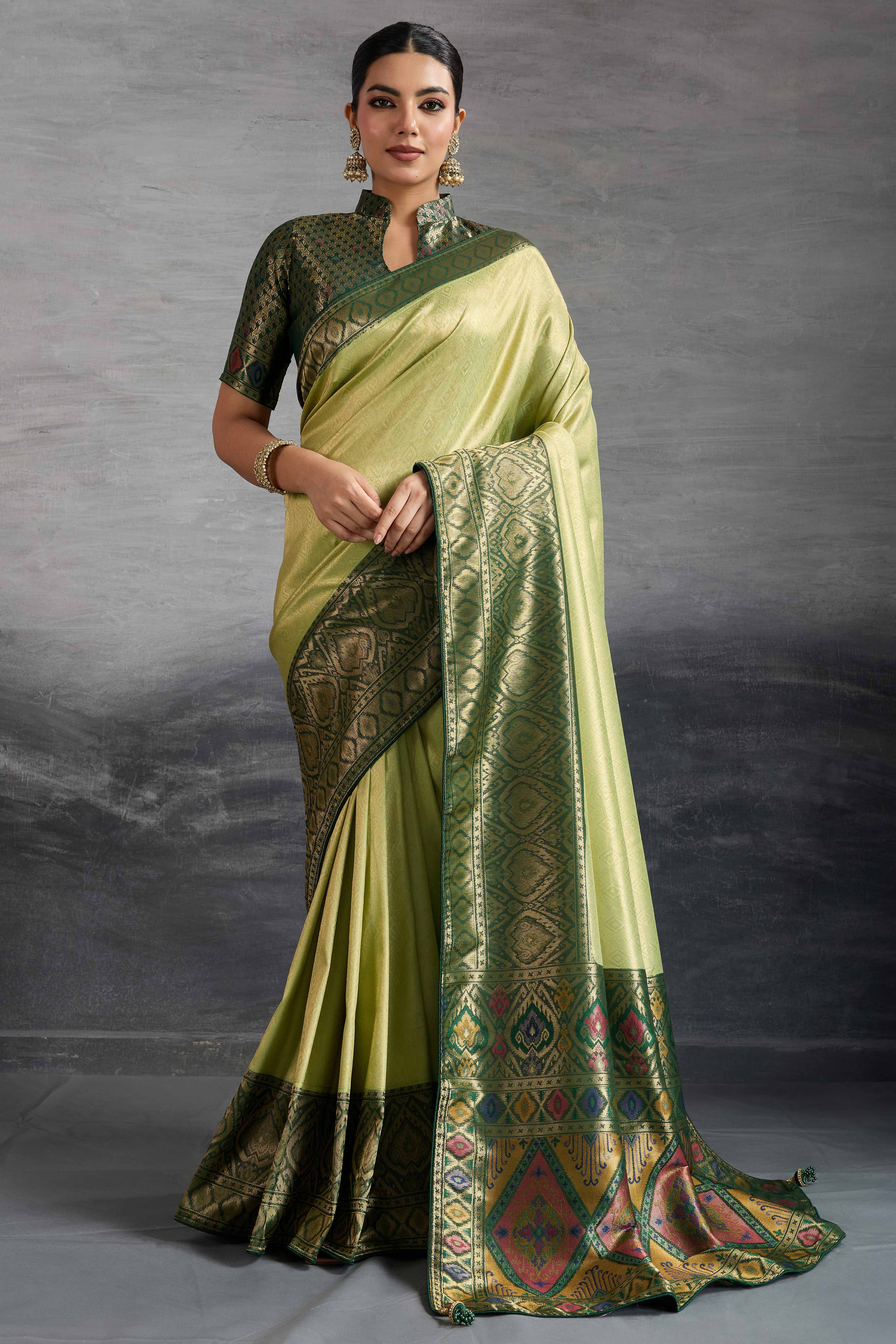 Olive Green Kanjivaram Silk Saree With Traditional Kadiyal Style Zari Weaving &  Meenakari Pallu