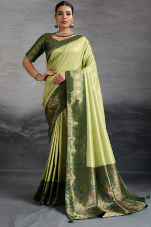 Green Kanjivaram Silk Saree In Kadiyal Style Zari Weaving With Ornate Meenakari Pallu