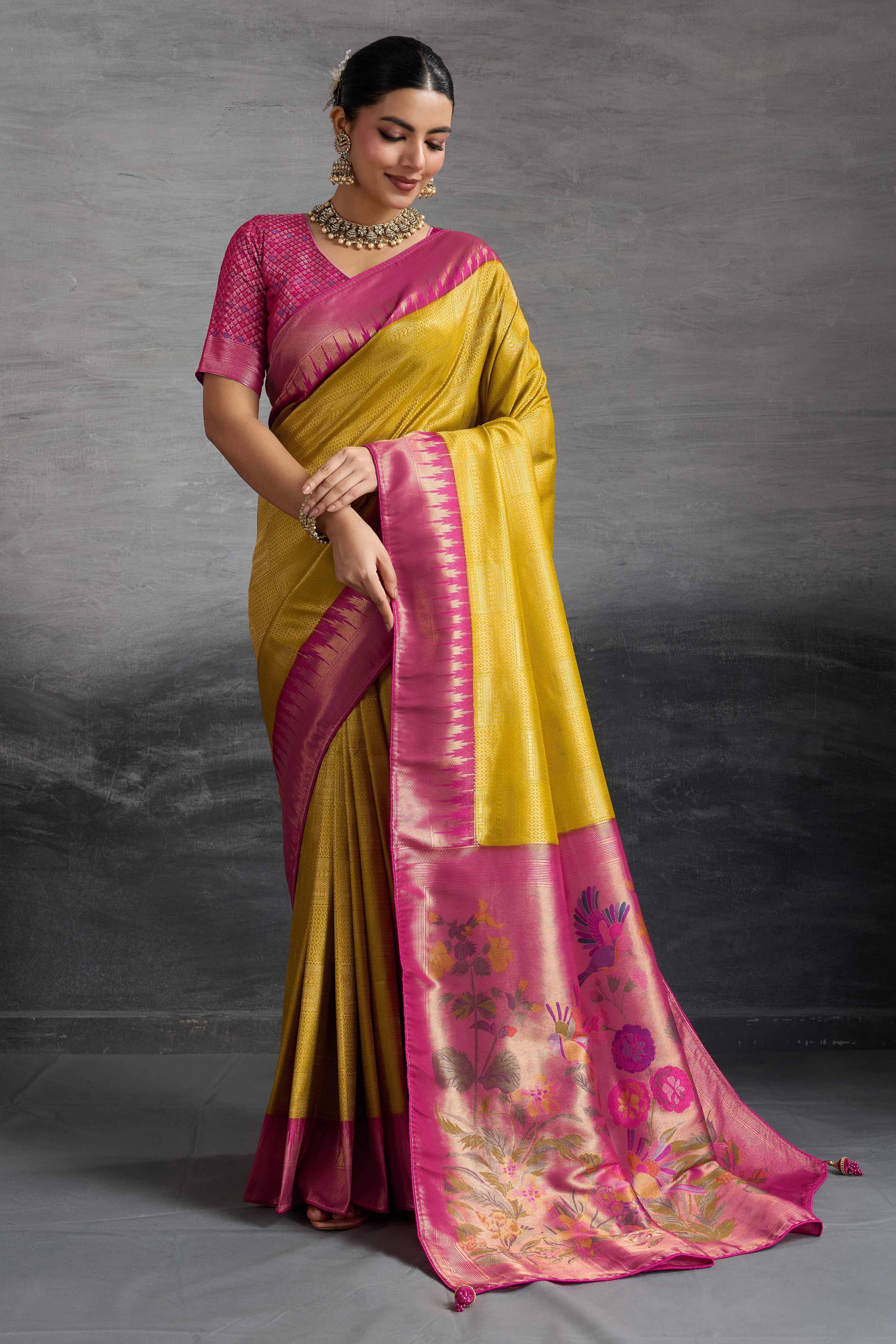 Mustard Silk Kanjivaram Saree Enhanced With Kadiyal Weaving Borders