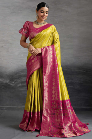 Lime Yellow Silk Kanjivaram Silk Saree Enhanced With Meenakari Weaving Borders