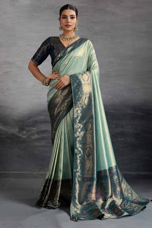 Traditional Mint Green Kanjivaram Soft Silk Saree with Bold Kadiyal Weave