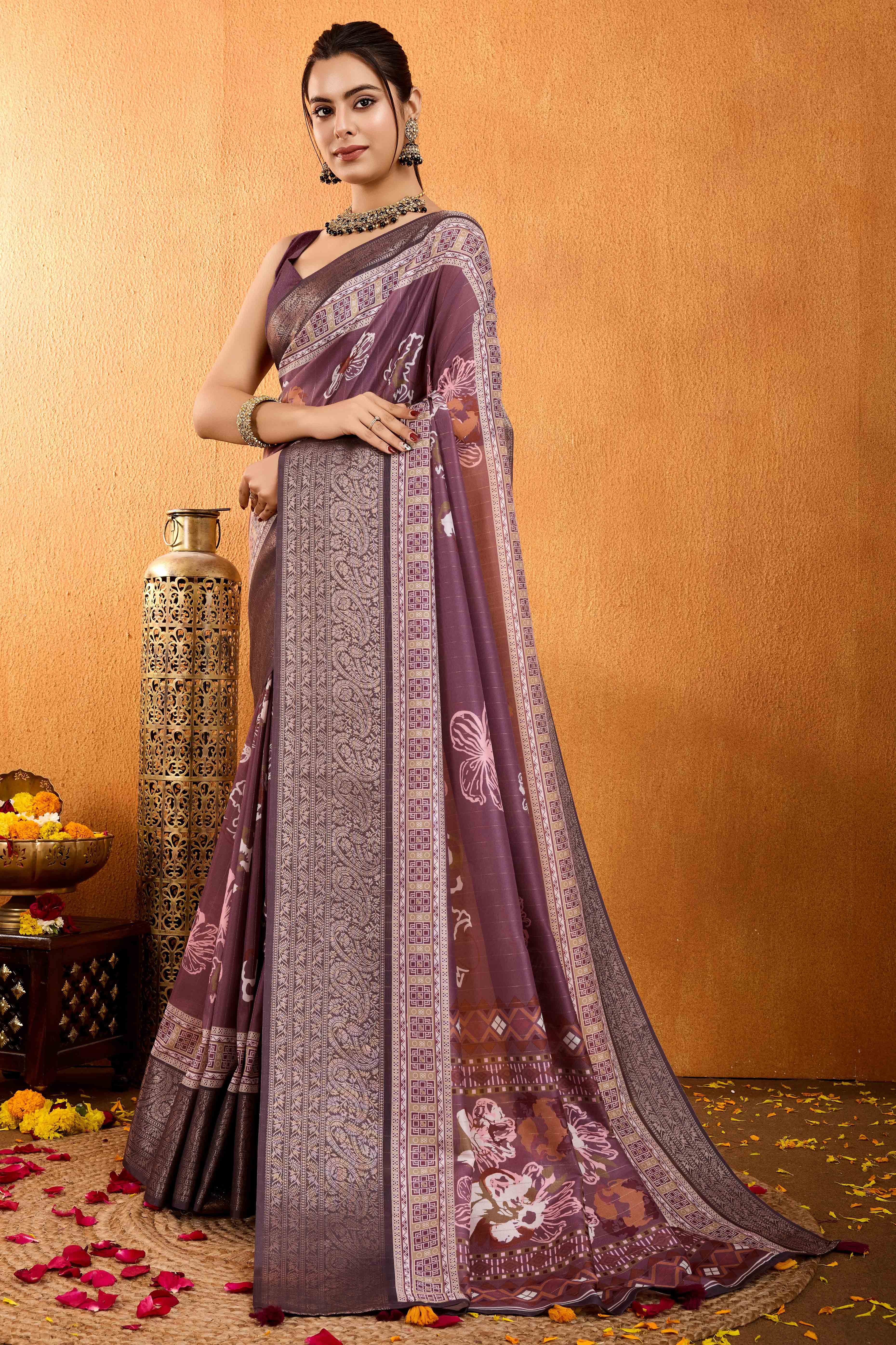 Dark Mauve Floral Printed Crepe Saree With Rich Zari Border