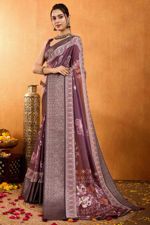 Dark Mauve Floral Printed Crepe Saree With Rich Zari Border