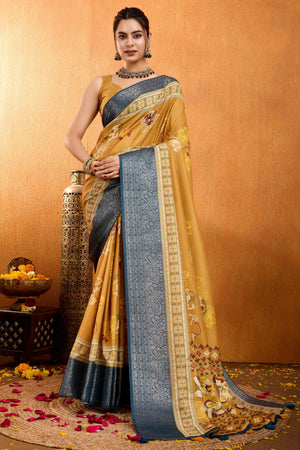 Mustard Floral Printed Crepe Saree With Rich Zari Border