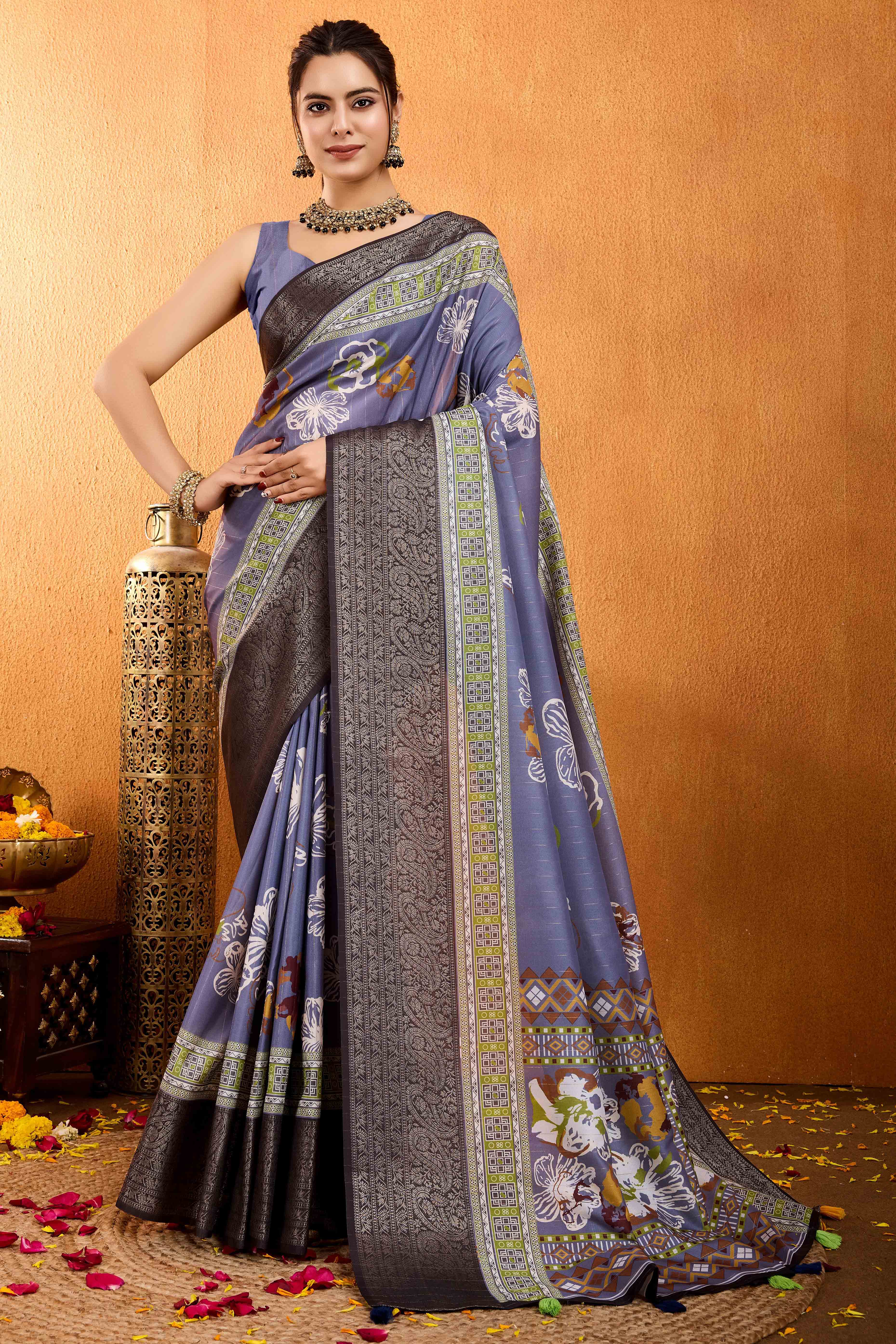 Lavender Floral Printed Crepe Saree With Rich Zari Border
