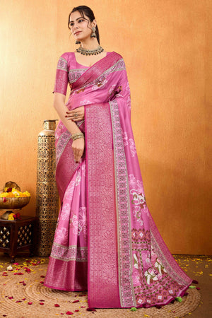 Pink Floral Printed Crepe Saree With Rich Zari Border