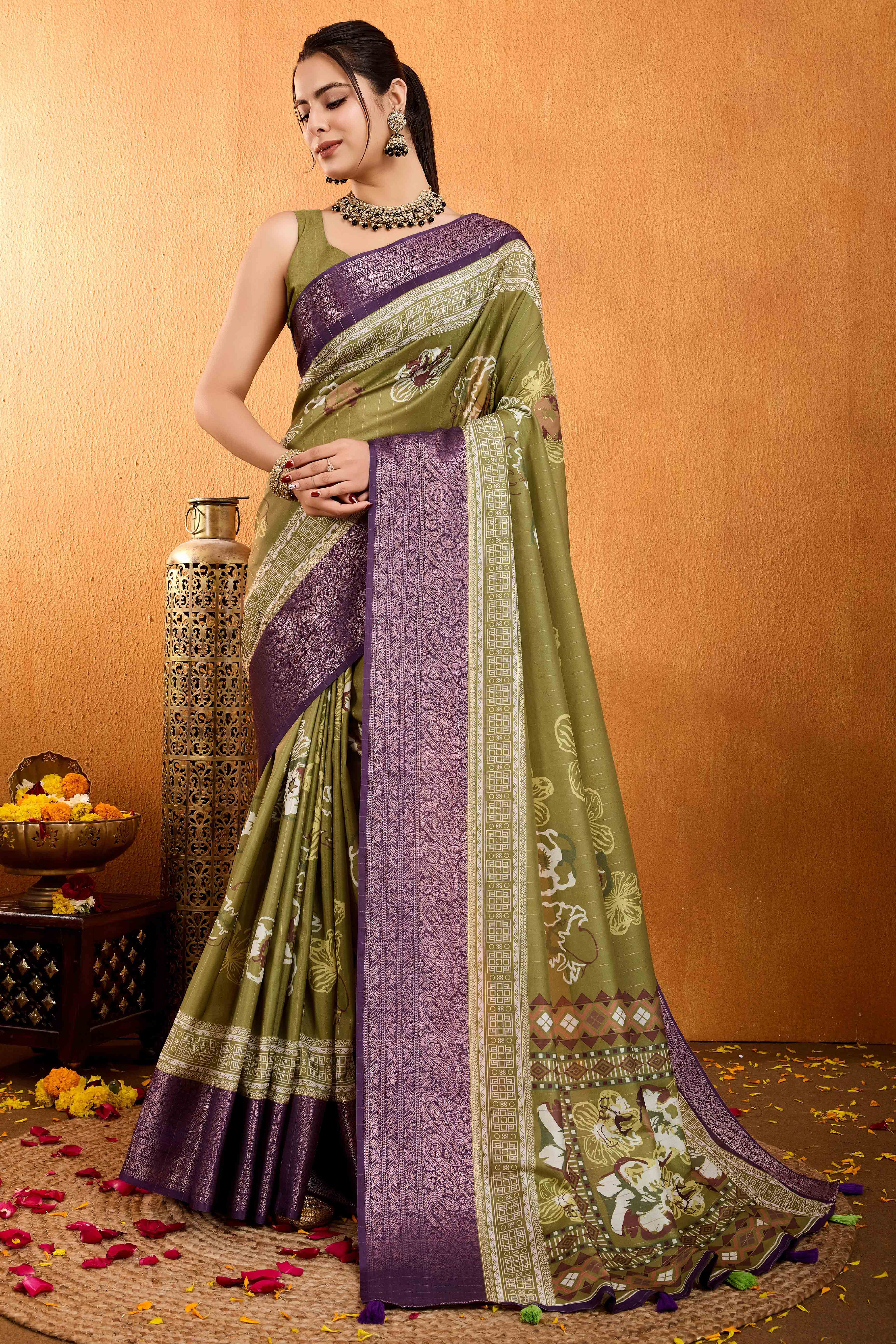 Green Floral Printed Crepe Saree With Rich Zari Border