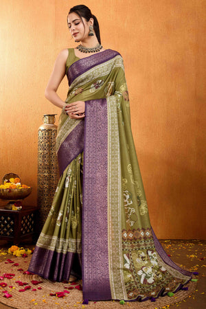 Green Floral Printed Crepe Saree With Rich Zari Border