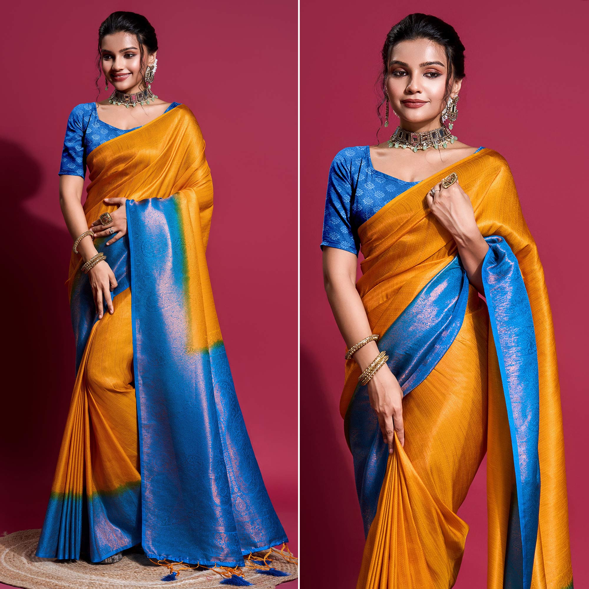 Yellow & Blue Woven Kanjivaram Silk Saree With Tassels